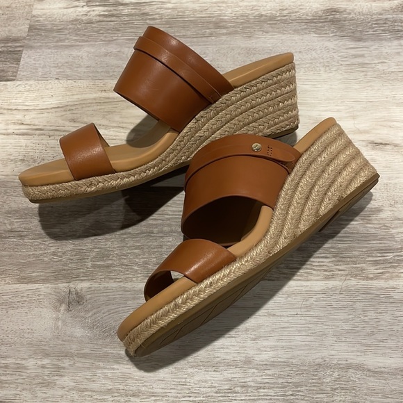 UGG Clog Wedge Leather Mule Slip on open toe Sandal Cognac Woven 8.5 - Picture 3 of 6